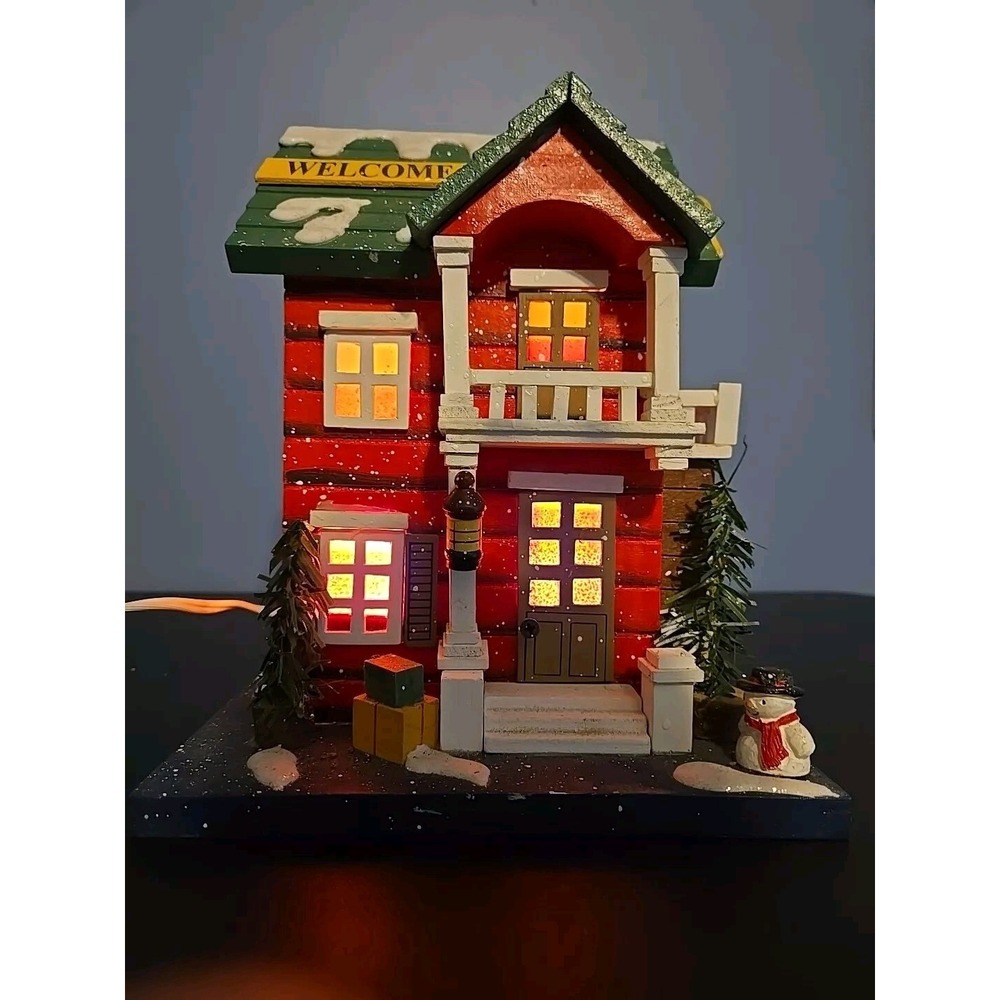 Vtg‎ Dept 56 ? Red Log House Snow Village Welcome  W/ Light Merry Christmas